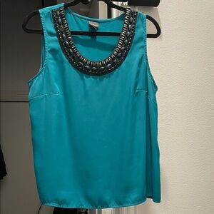 Covington Turquoise Sleeveless Blouse with Embellished Neckline